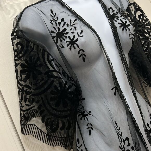 Blasphemy Black Sheer Lace Poolside Robe Kimono Sleeves Open Front Sheer Lace - Picture 3 of 10